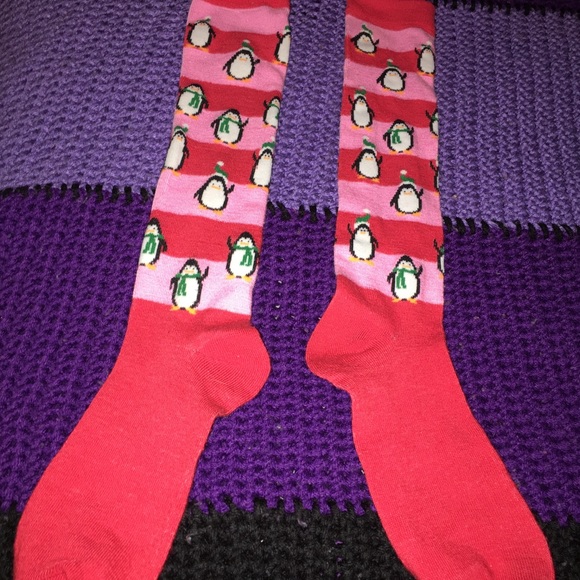 Ladies knee high socks. Red and Pink striped with penguins 🐧 - Picture 3 of 3